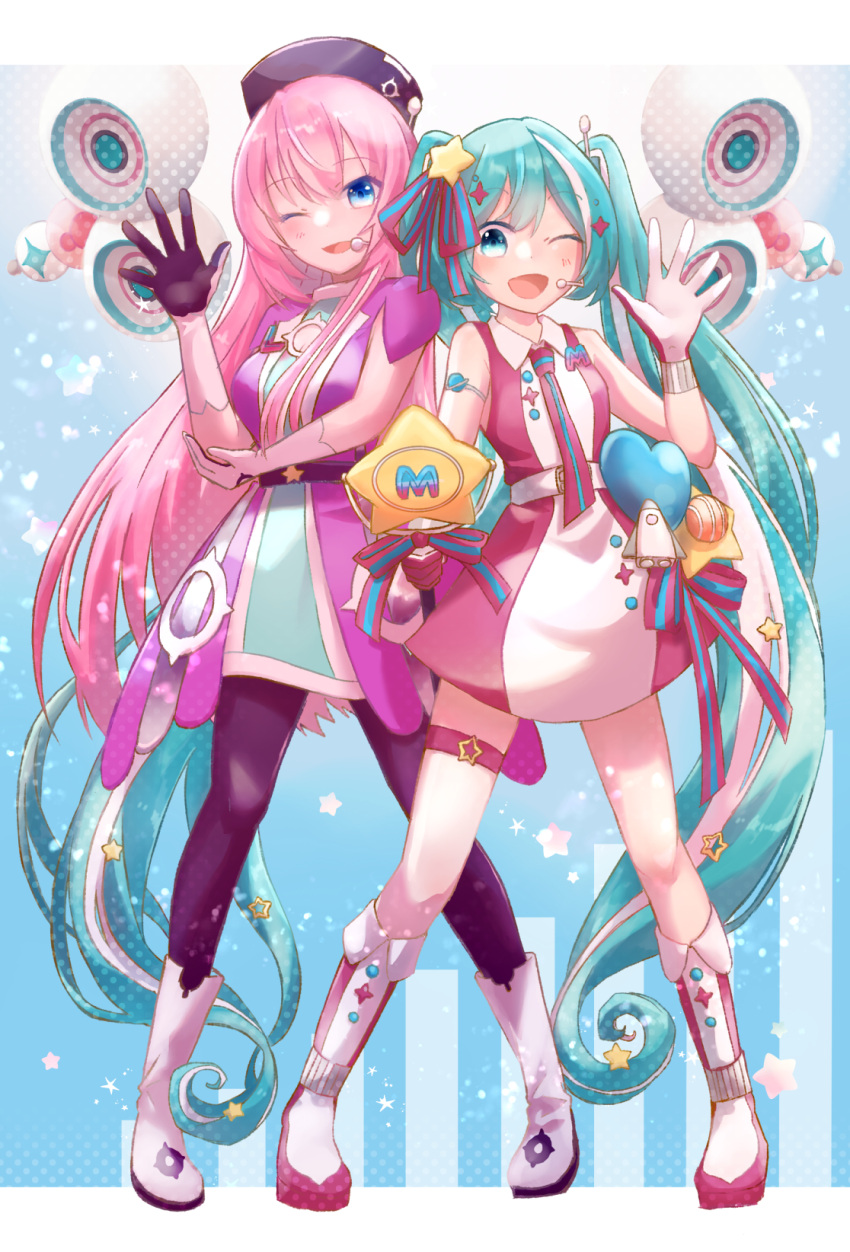 2girls, aqua_eyes, aqua_hair, bare_shoulders, belt, blue_eyes, boots, breasts