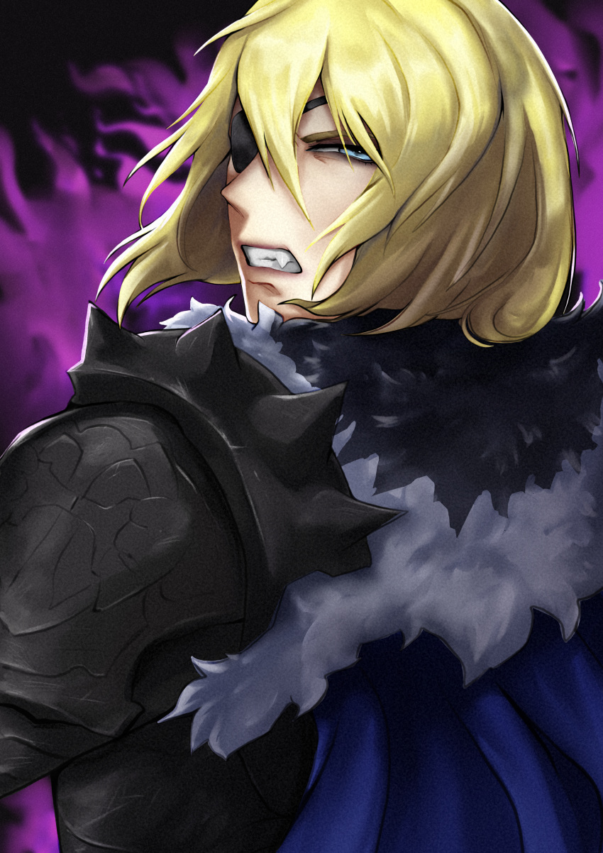 absurdres, armor, blonde_hair, blue_eyes, cape, dimitri_alexandre_blaiddyd, eyepatch, fang