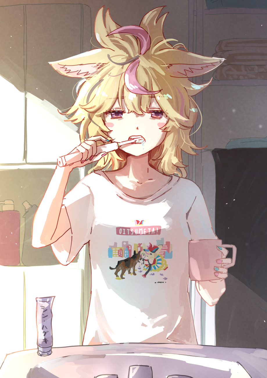 1girl, alternate_hairstyle, animal_ear_fluff, animal_ears, aqua_nails, bathroom, black_hair, blonde_hair