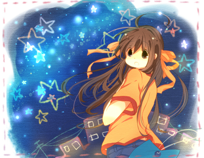brown_eyes, brown_hair, casual, denim, denim_shorts, hairband, long_hair, looking_back