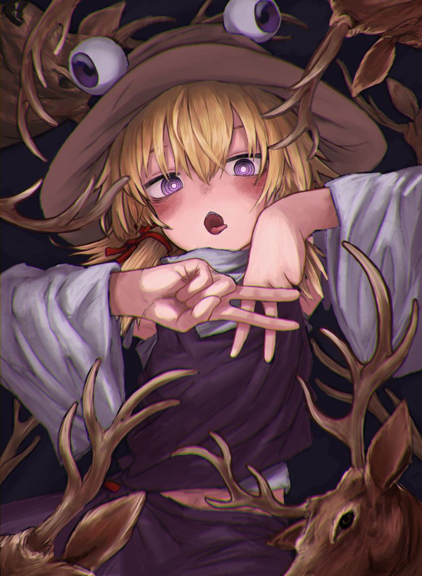 1girl, absurdres, animal, blonde_hair, brown_headwear, deer, hair_between_eyes, hair_ribbon