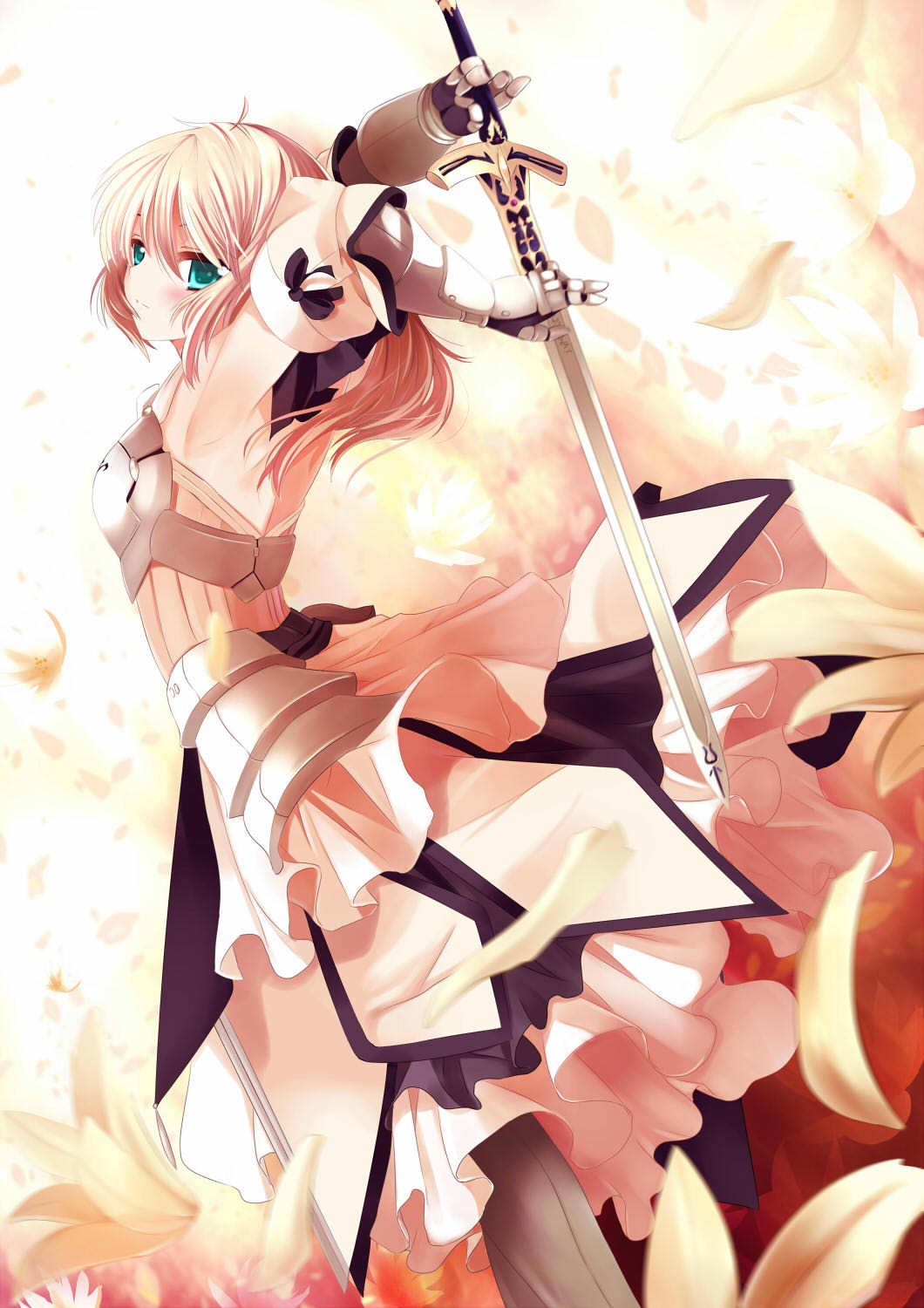 aqua_hair, armor, armored_dress, armpits, blonde_hair, caliburn, dress, fate/stay_night, fate/unlimited_codes, fate_(series), flower, highres, jpeg_artifacts, saber, saber_lily, solo, sword, weapon, xephonia