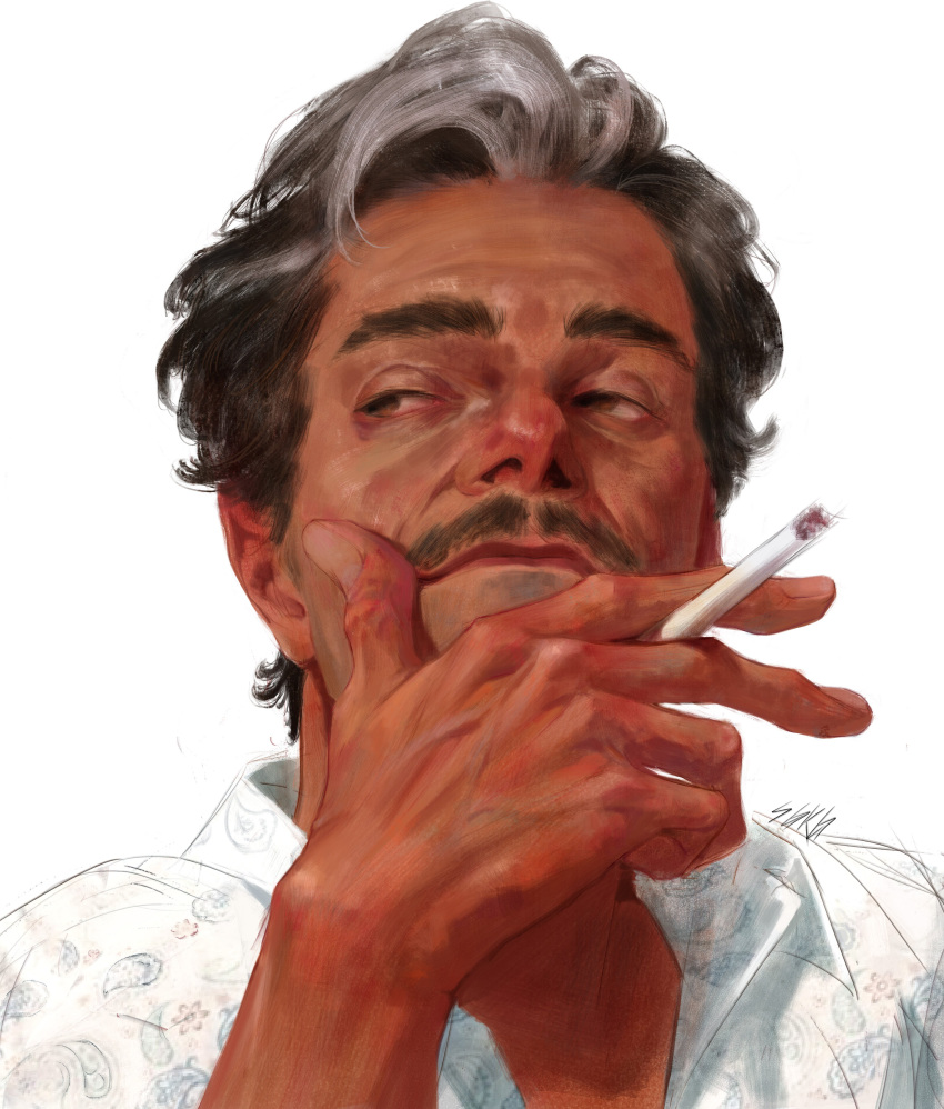 1boy, absurdres, arm_up, better_call_saul, black_hair, breaking_bad, brown_eyes, cigarette, closed_mouth, facial_hair, hand_on_own_face, highres, holding, holding_cigarette, lalo_salamanca, looking_to_the_side, male_focus, multicolored_hair, mustache, portrait, realistic, sgkg108, shirt, short_hair, simple_background, two-tone_hair, white_background, white_hair, white_shirt
