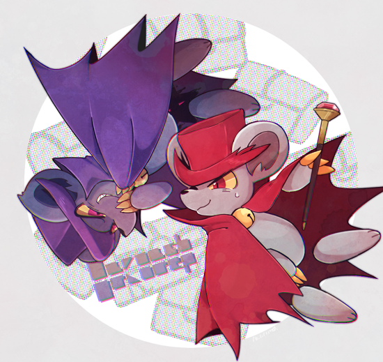 bell, cape, claws, closed_mouth, collared_cape, colored_sclera, commentary_request, dark_daroach, dark_persona, daroach, dual_persona, eye_contact, grey_background, grin, hat, holding, holding_staff, jingle_bell, kirby_(series), kirby_squeak_squad, looking_at_another, looking_to_the_side, midooka_(o_k_k), mouse, no_humans, popped_collar, purple_cape, purple_headwear, red_cape, red_eyes, red_headwear, simple_background, smile, staff, sweatdrop, teeth, top_hat, v-shaped_eyebrows, white_background, yellow_sclera