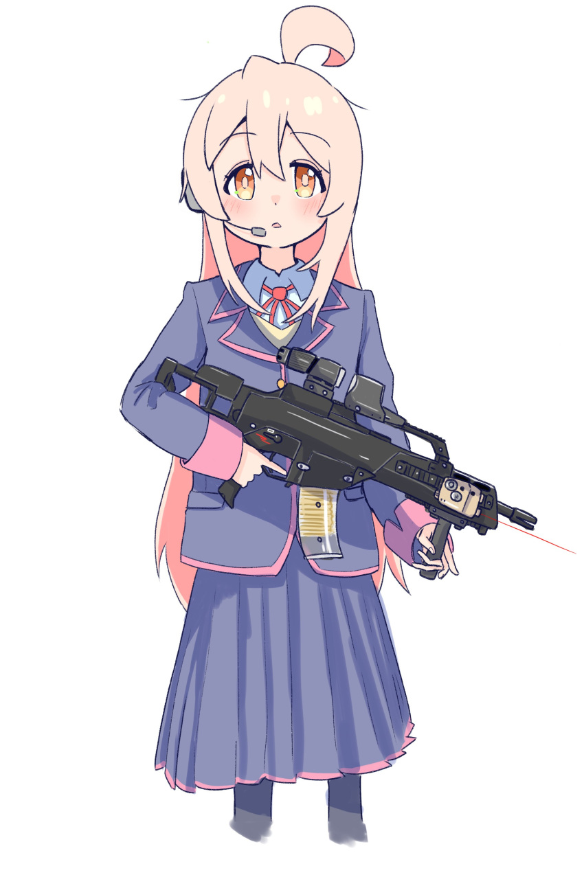 1girl, absurdres, ahoge, blue_jacket, blue_skirt, brown_eyes, commentary, gun, hair_between_eyes, headset, highres, holding, holding_gun, holding_weapon, jacket, laser_sight, light_blush, long_hair, long_sleeves, looking_at_viewer, onii-chan_wa_oshimai!, open_mouth, oyama_mahiro, pink_hair, riannn_desu, school_uniform, simple_background, skirt, solo, straight-on, trigger_discipline, very_long_hair, weapon, white_background