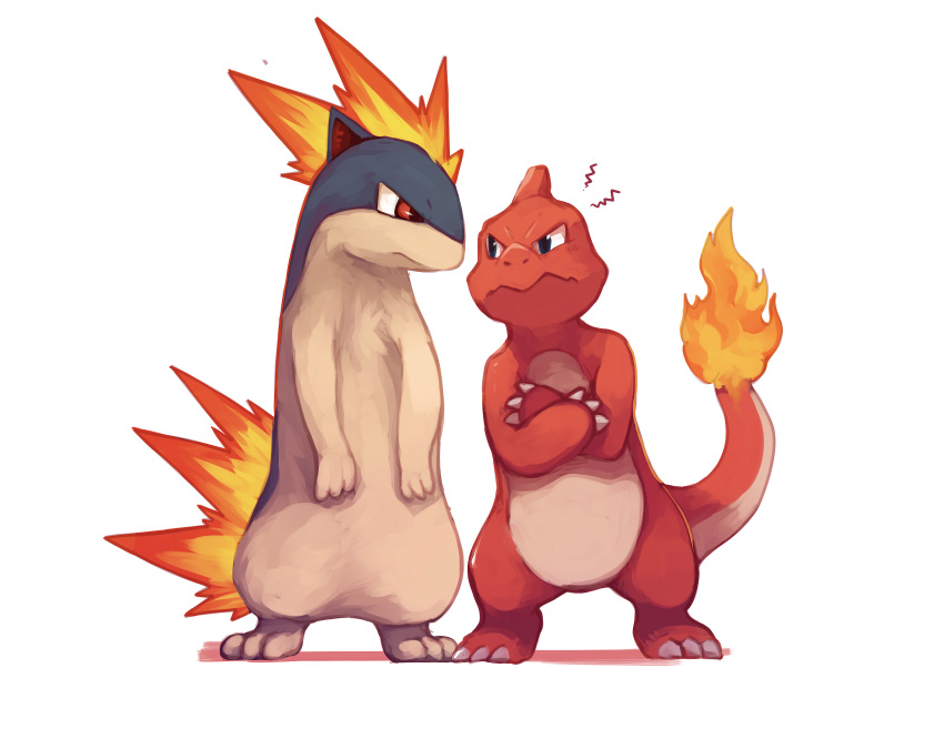 charmeleon, claws, closed_mouth, commentary, crossed_arms, eye_contact, flame-tipped_tail, frown