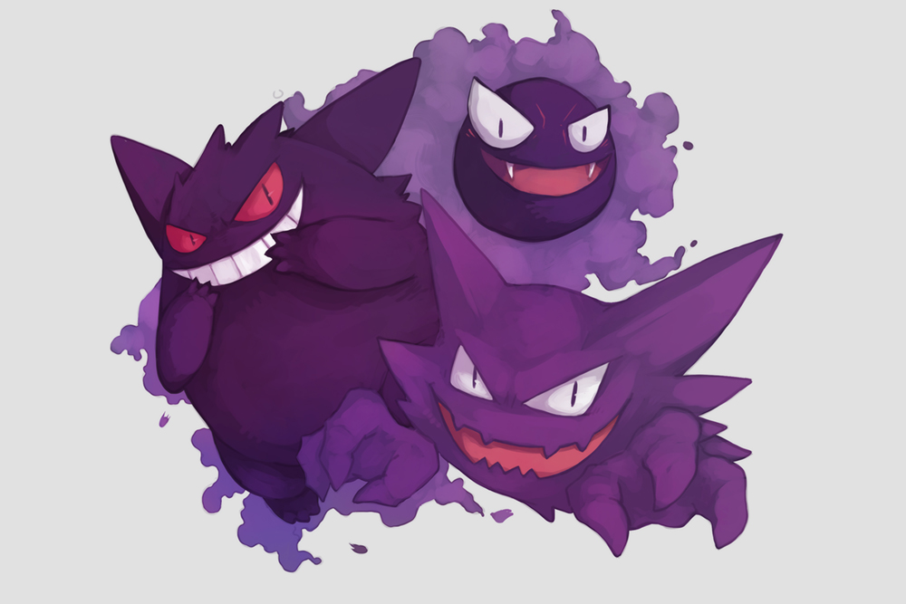 :d, black_eyes, commentary, evolutionary_line, fang, fangs, gastly, gengar