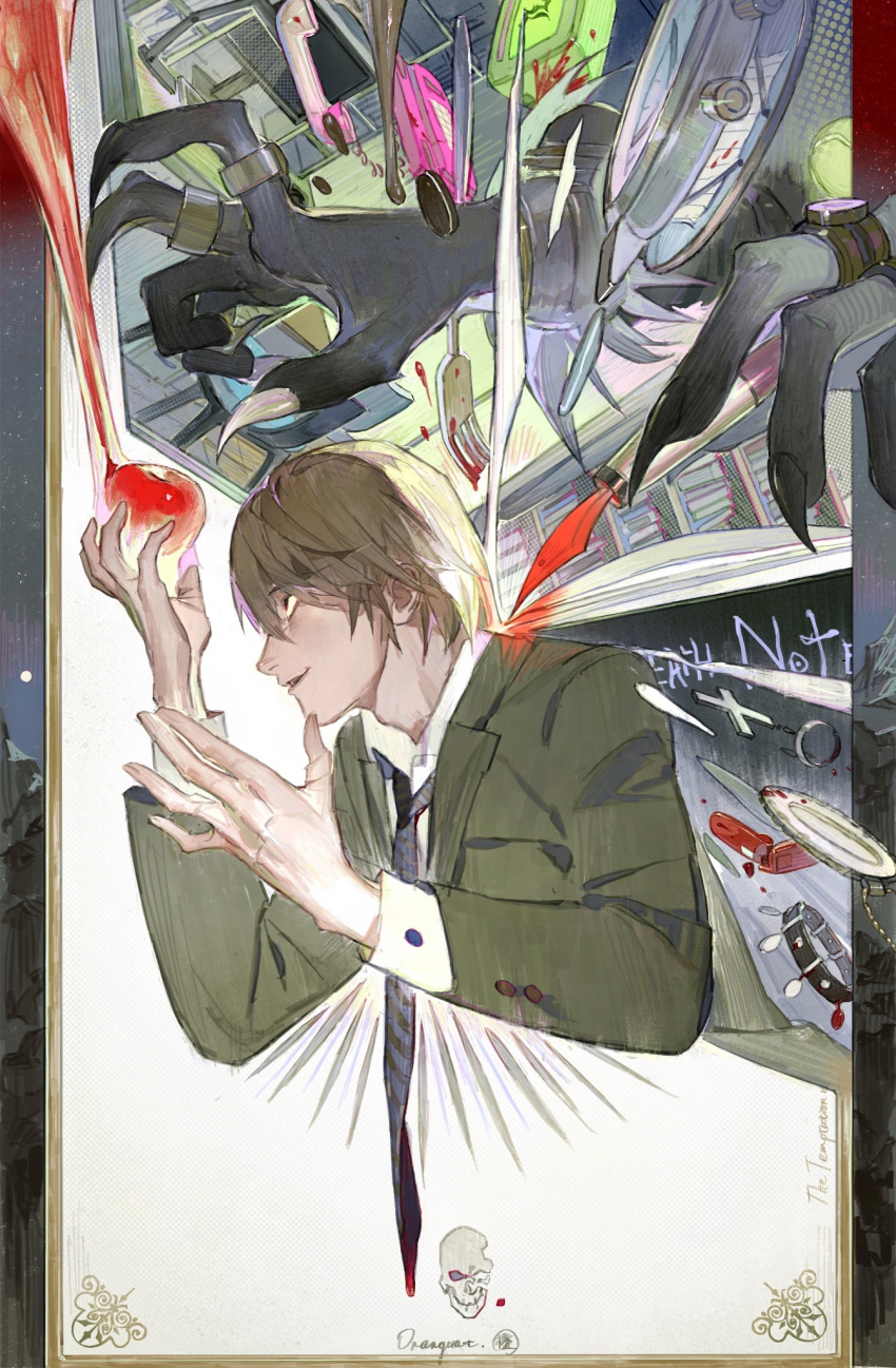 anni_de_chengzi_mao, apple, artist_name, belt, black_nails, blood_drop, blood_on_fork, blue_necktie