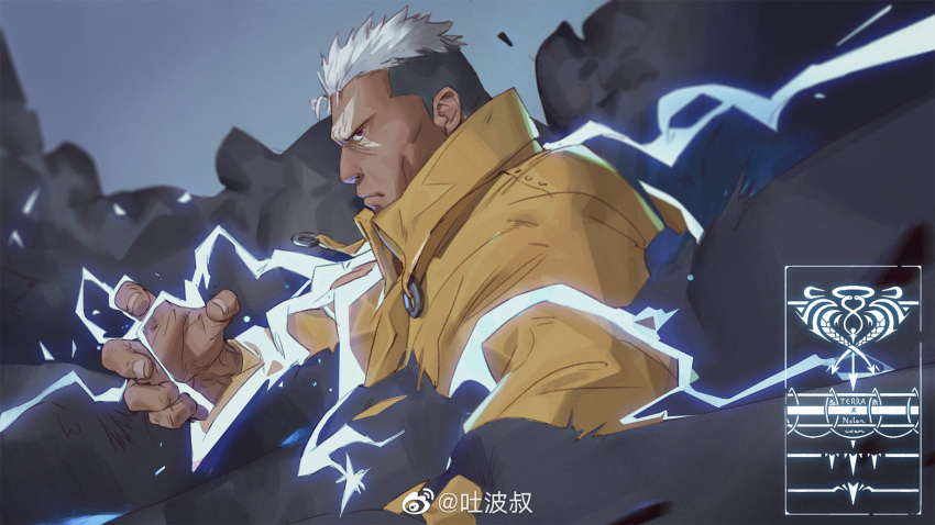 1boy, collared_jacket, cross_scar, dark-skinned_male, dark_skin, electricity, electrokinesis, from_side