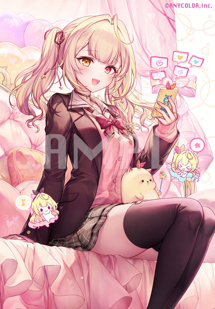 1girl, black_choker, black_thighhighs, blonde_hair, bow, bowtie, breasts, brown_jacket