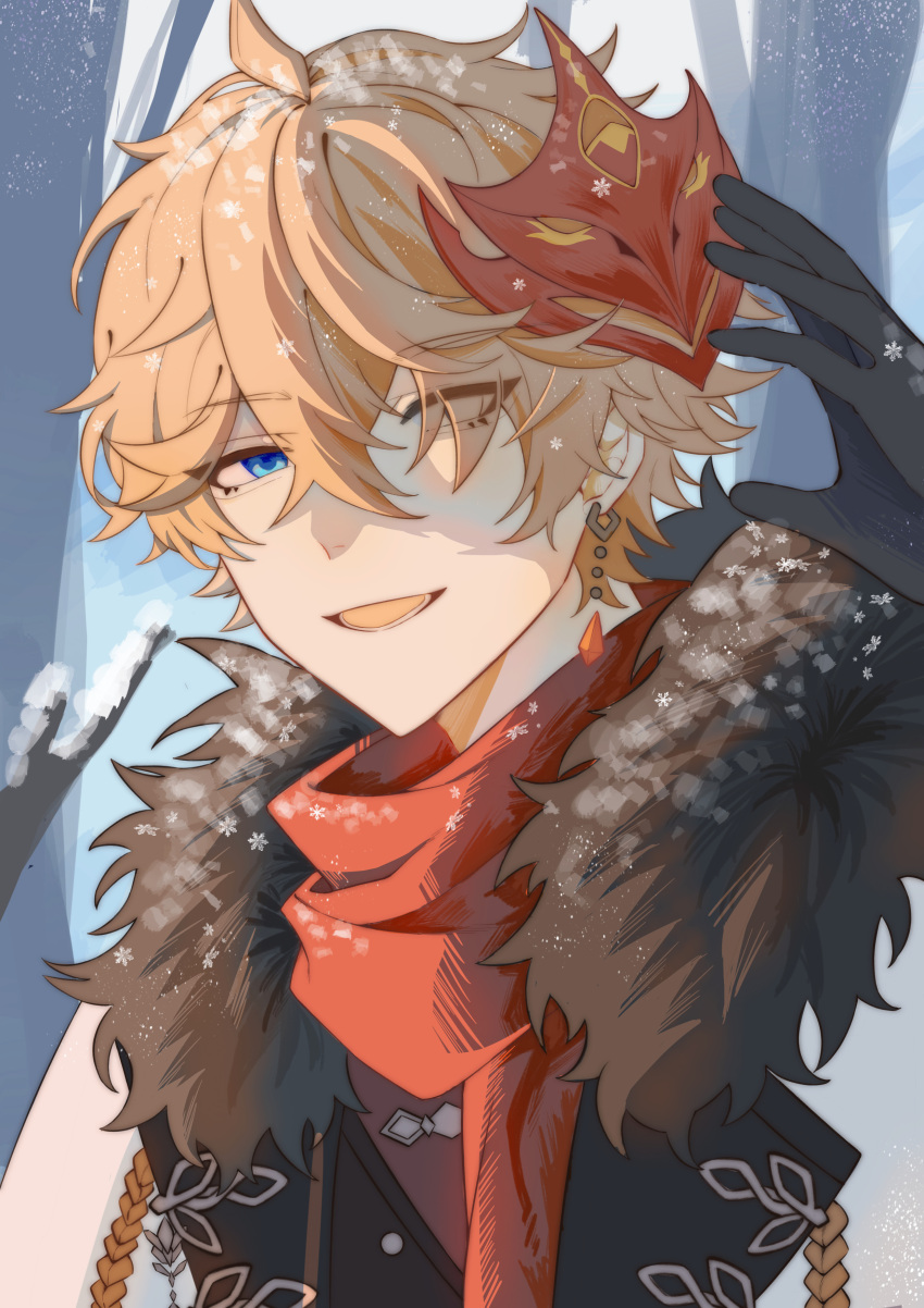 1boy, absurdres, ahoge, black_gloves, blue_eyes, branch, brown_shirt, coat, collared_coat, crossed_bangs, crystal_earrings, earrings, fur-trimmed_coat, fur_trim, genshin_impact, gloves, hair_between_eyes, hand_up, highres, jewelry, long_sleeves, looking_at_viewer, male_focus, mask, mask_on_head, open_clothes, open_coat, open_mouth, orange_hair, red_mask, red_scarf, scarf, shirt, short_hair, single_earring, sixueshuangnian, sky, smile, snow, solo, tartaglia_(genshin_impact), teeth, tongue, tree, white_coat, white_sky