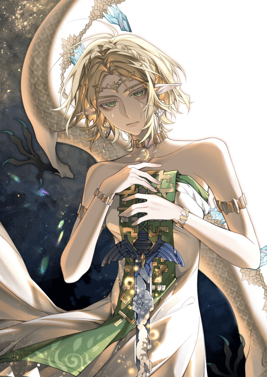 1girl, absurdres, armlet, bare_shoulders, blonde_hair, bracelet, braid, circlet