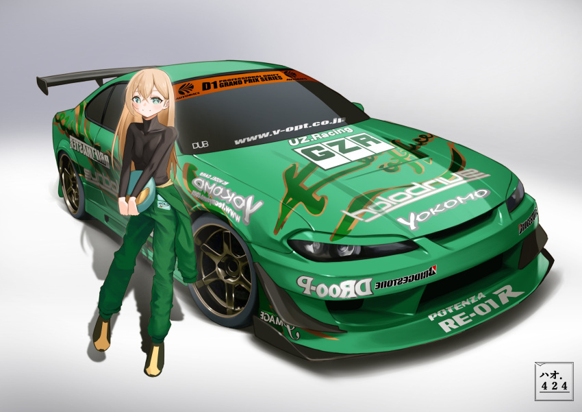 1girl, artist_name, black_footwear, black_shirt, blush, breasts, car, collarbone