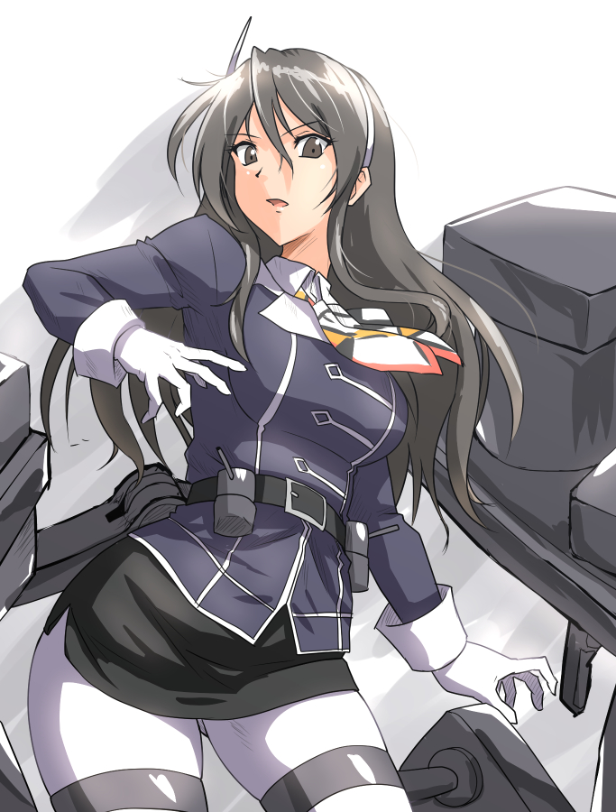 1girl, adapted_turret, ashigara_(kancolle), ashigara_kai_ni_(kancolle), black_hair, blush, breasts, brown_eyes