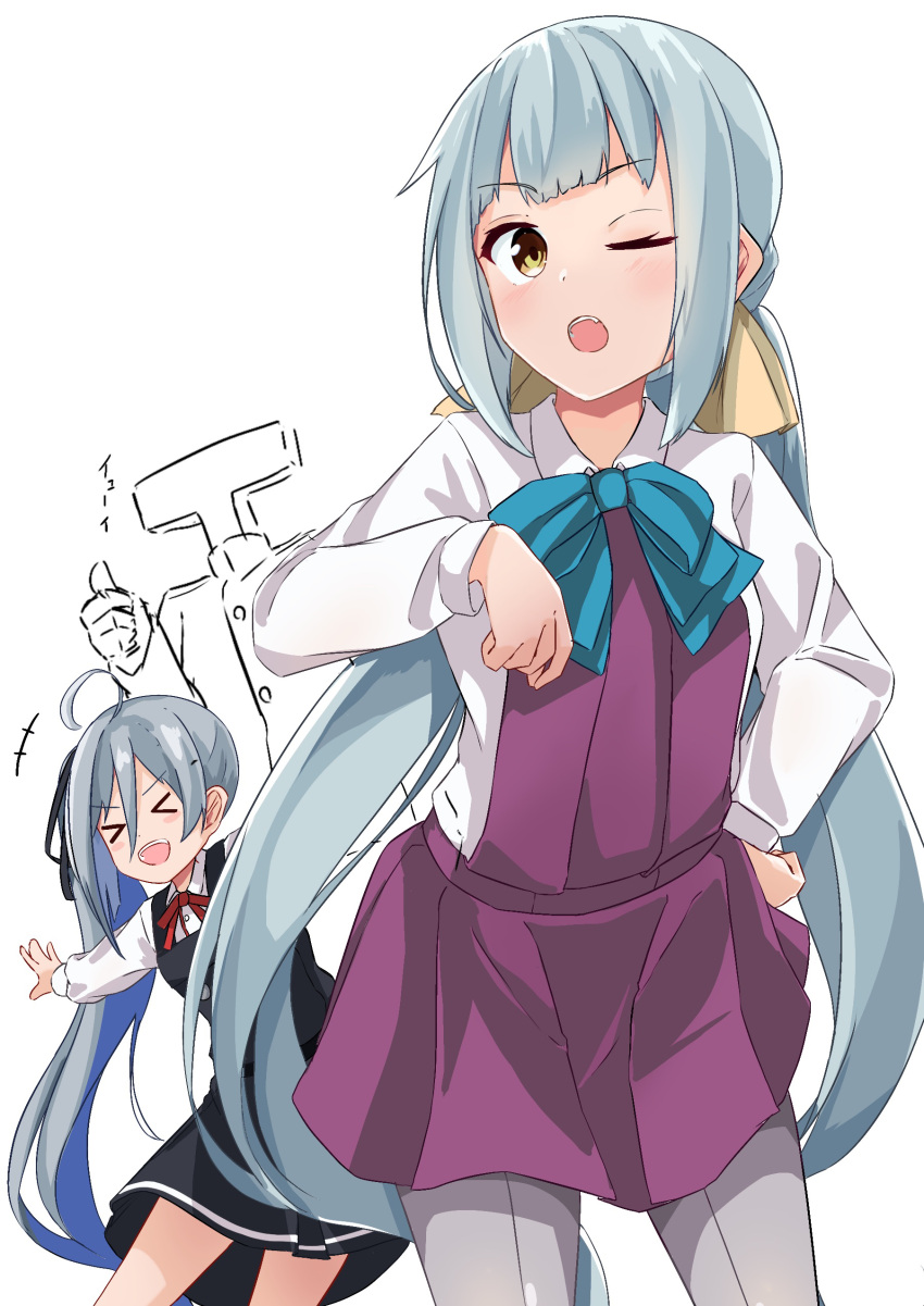 2girls, absurdres, ahoge, alternate_hairstyle, aqua_bow, aqua_bowtie, black_ribbon, bow