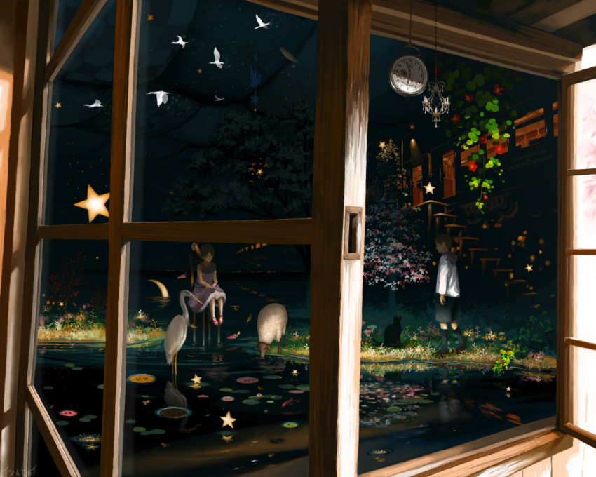 buttons, cat, couple, crane, crane_(animal), lake, moon, nature
