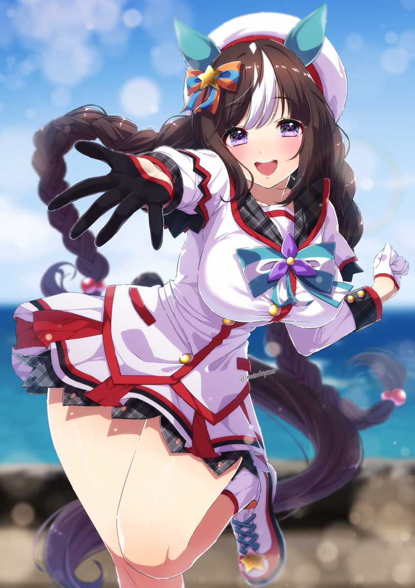 1girl, animal_ears, black_gloves, blurry, blush, braid, breasts, cowboy_shot