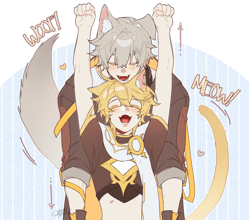 2boys, absurdres, aether_(genshin_impact), ahoge, animal_ear_fluff, animal_ears, arms_up, arrow_(symbol)