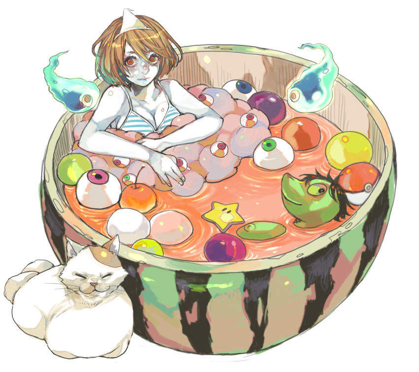 cat, cherry, demon_girl, eyeball, floating, food, fruit, ghost, highres, hitodama, honenoumi, original, poke_ball, pokemon, red_eyes, simple_background, solo, striped, striped_bikini, striped_swimsuit, swimsuit, triangular_headpiece, watermelon, white_background