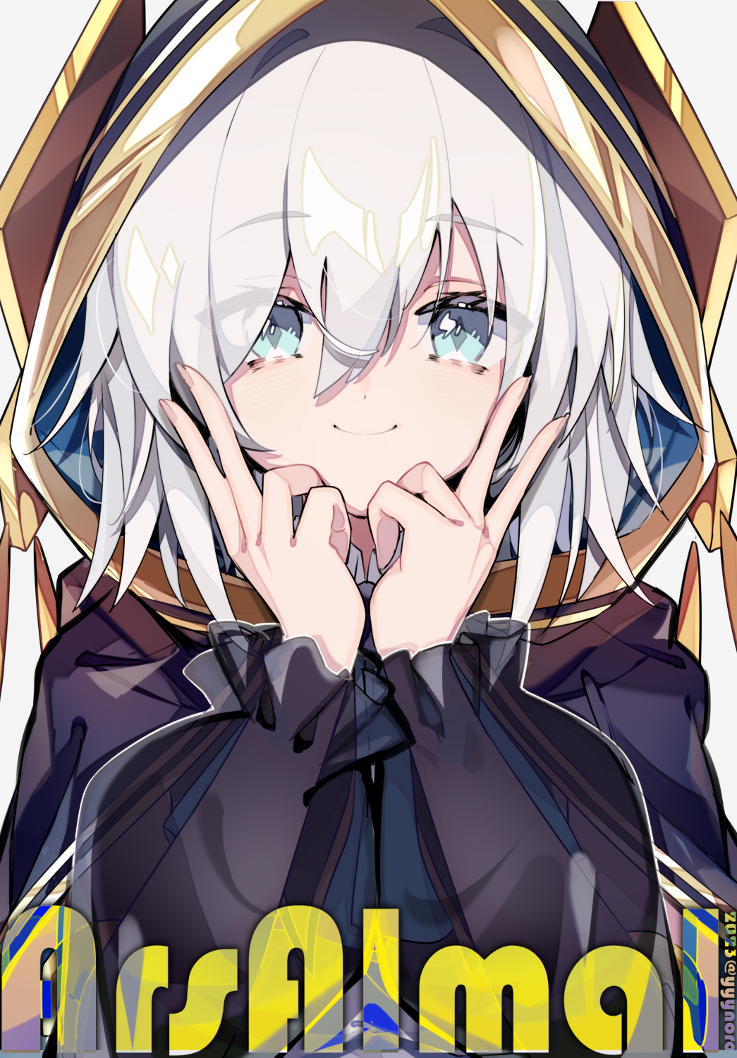 1girl, ars_almal, ars_almal_(1st_costume), black_cloak, blue_eyes, captain_yue, character_name, cloak