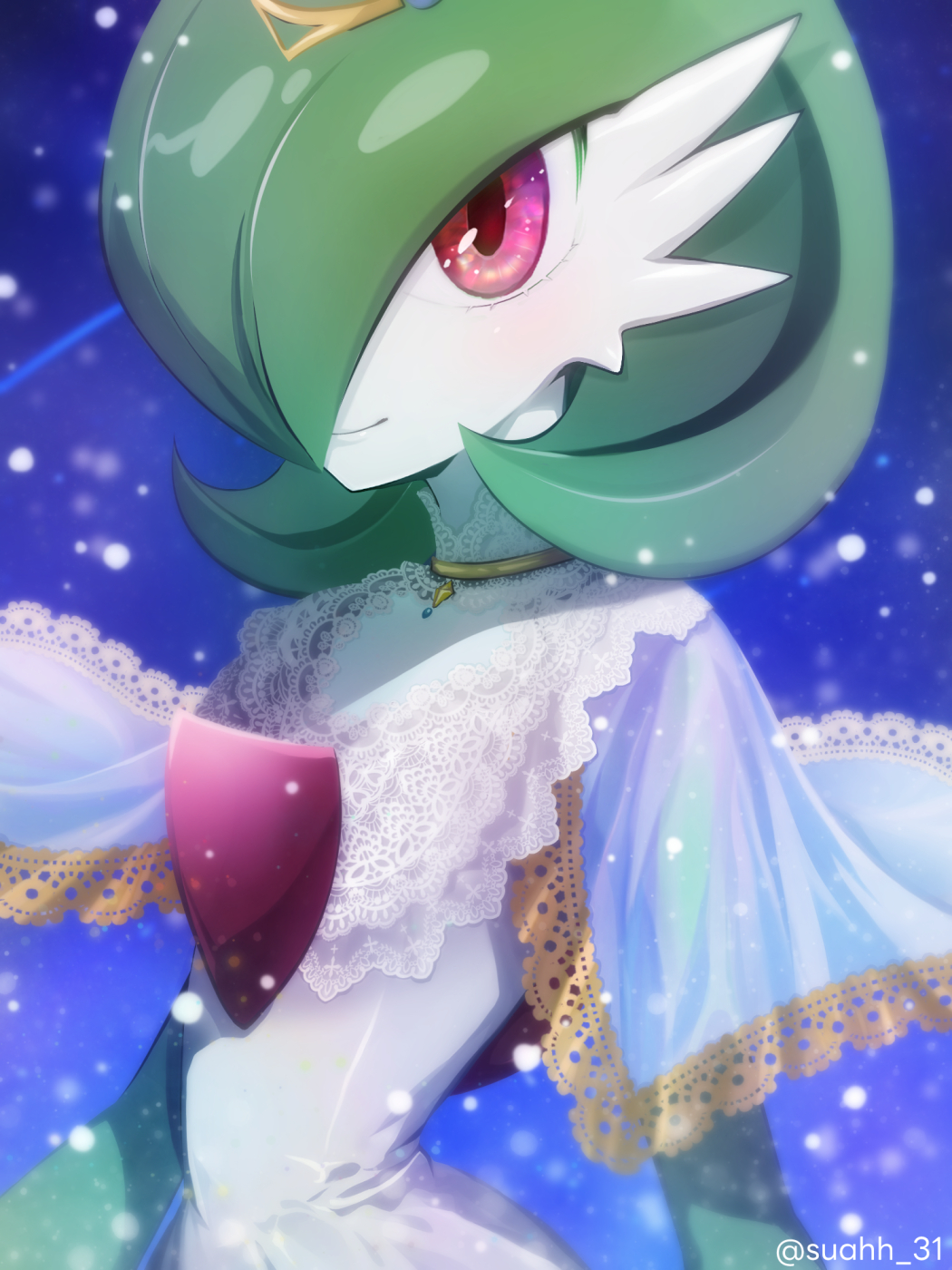 1girl, arms_at_sides, artist_name, blue_background, blue_capelet, blush, bob_cut, capelet
