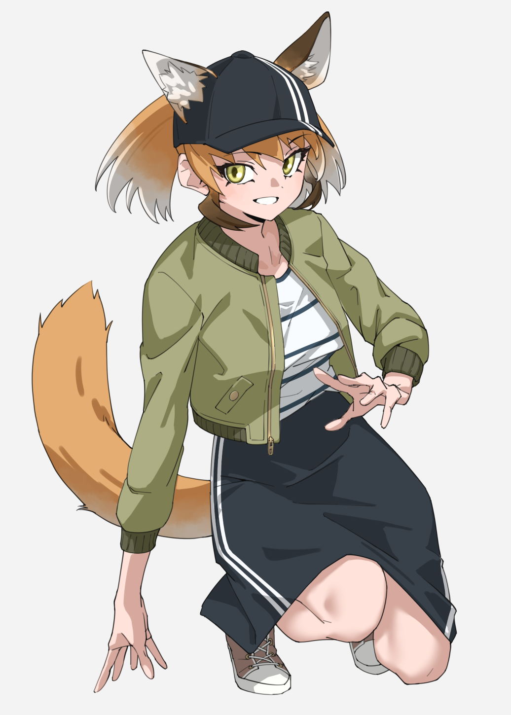1girl, animal_ear_fluff, animal_ears, baseball_cap, black_headwear, black_skirt, blush, brown_footwear