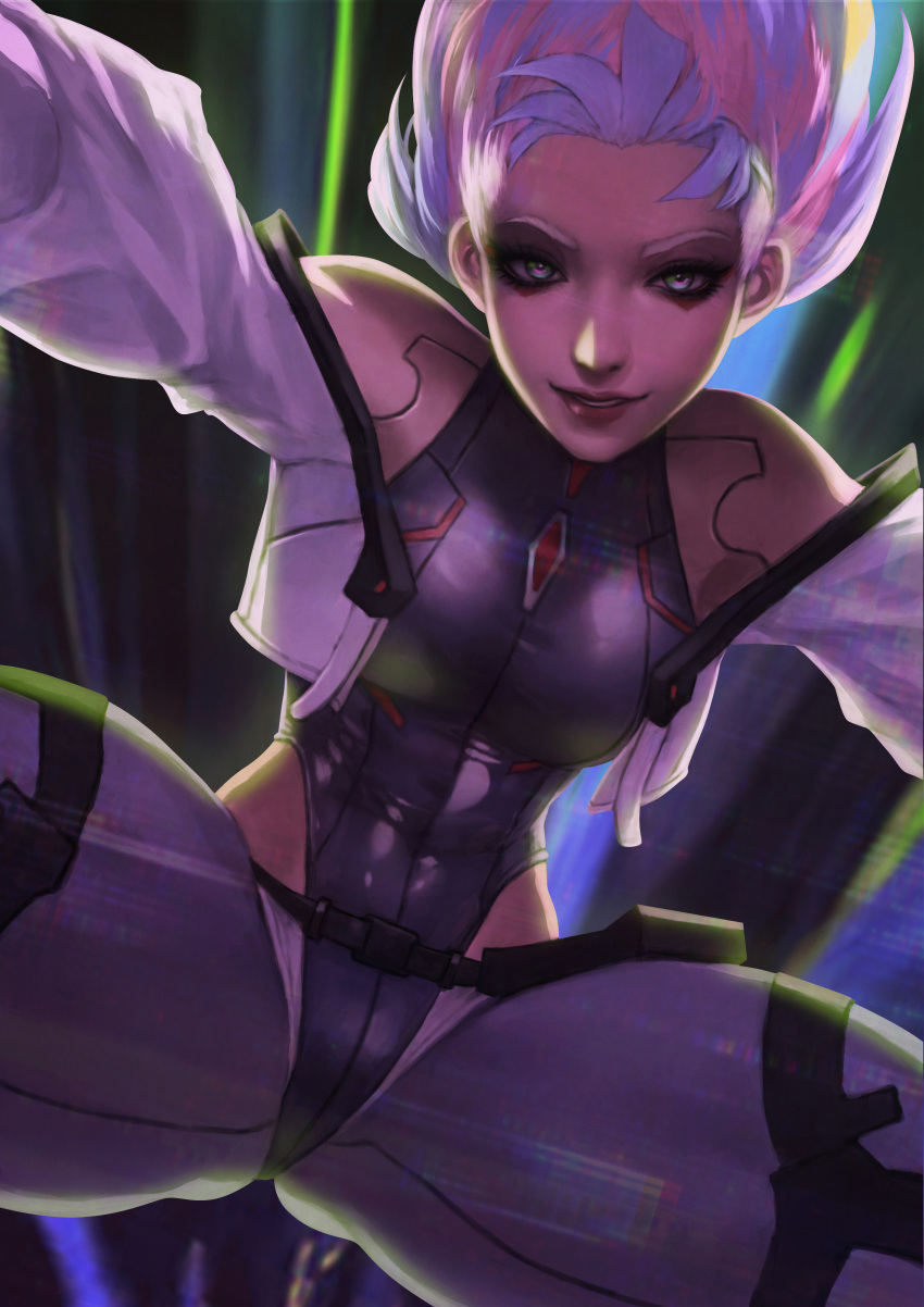 absurdres, artificial_eye, blurry, blurry_background, breasts, cyberpunk, cyberpunk_(series), cyberpunk_edgerunners
