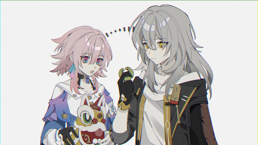2girls, :o, black_choker, black_gloves, black_jacket, blue_eyes, blue_jacket, chinese_commentary