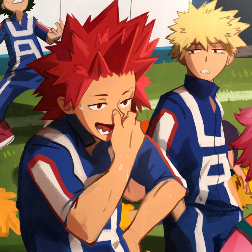 1girl, 3boys, ashido_mina, bakugou_katsuki, blonde_hair, blue_pants, boku_no_hero_academia, day