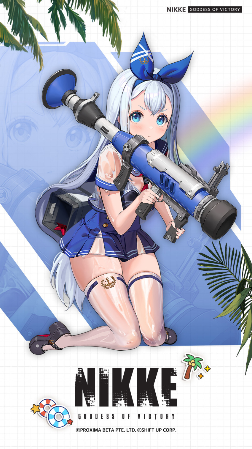 1girl, anchor_(nikke), blue_eyes, blue_hair, blue_ribbon, blue_sailor_collar, dress, goddess_of_victory:_nikke