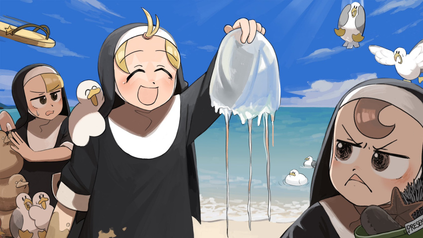 3girls, :d, ^_^, bird, blonde_hair, brown_eyes, brown_hair, catholic
