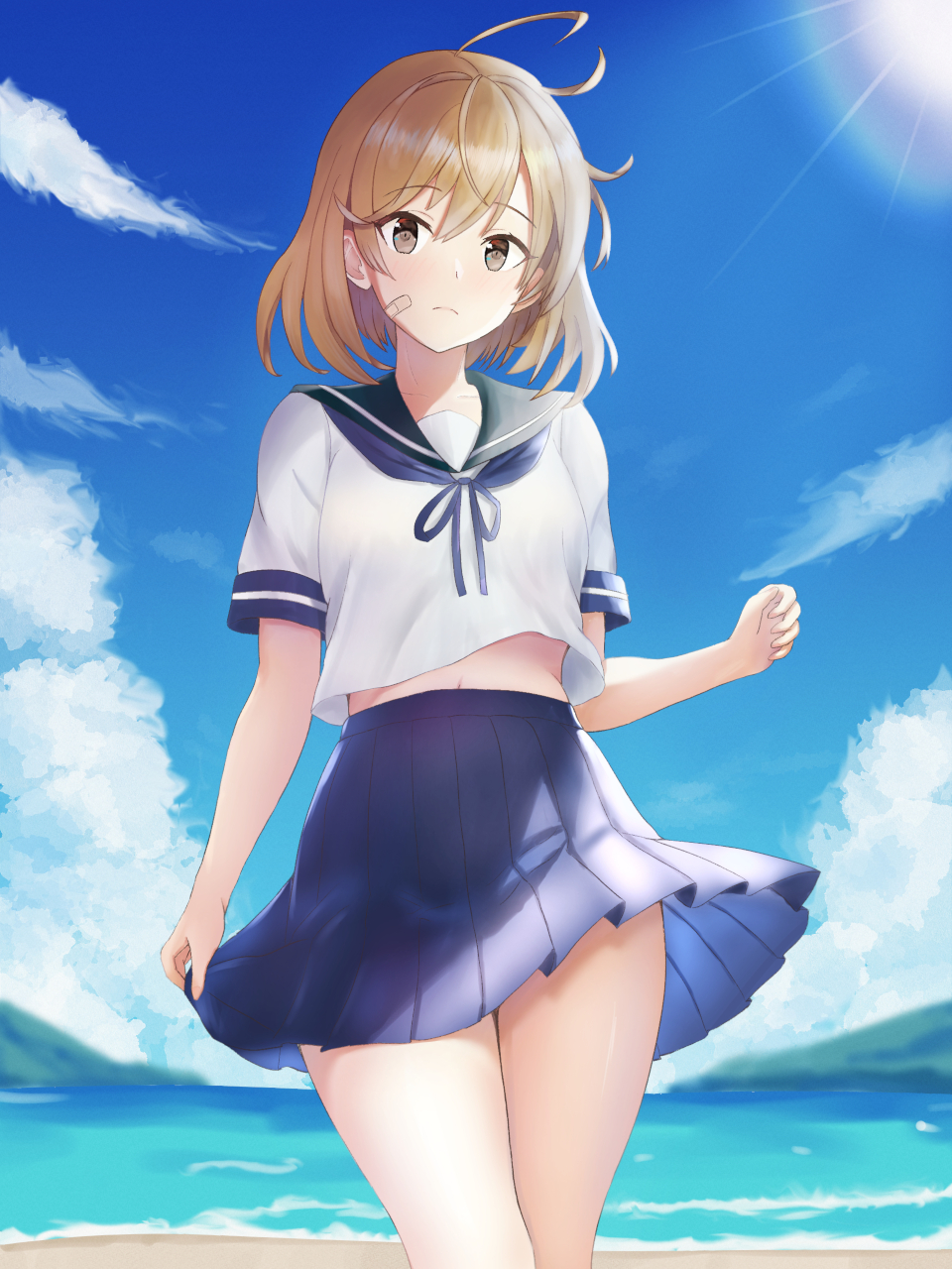 1girl, ahoge, bandaid, bandaid_on_face, beach, blue_sailor_collar, blue_skirt, blue_sky, brown_eyes, clouds, cowboy_shot, day, hat, highres, kantai_collection, kotou_yogen, light_brown_hair, mountainous_horizon, oboro_(kancolle), outdoors, pleated_skirt, sailor_collar, sailor_hat, shirt, short_hair, skirt, sky, solo, standing, white_shirt