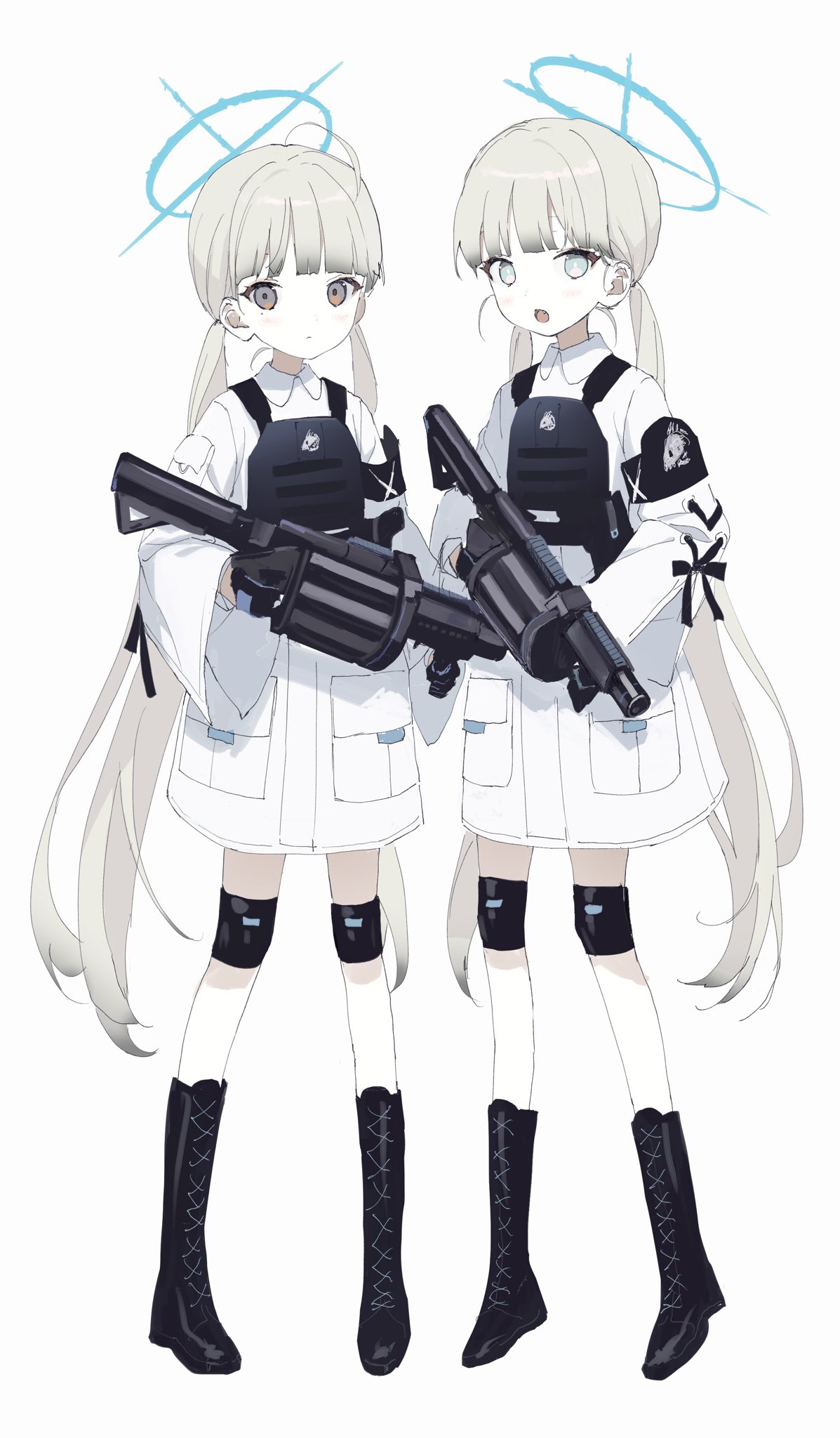2girls, arius_student_(blue_archive), armor, black_footwear, blue_archive, boots, closed_mouth, fang