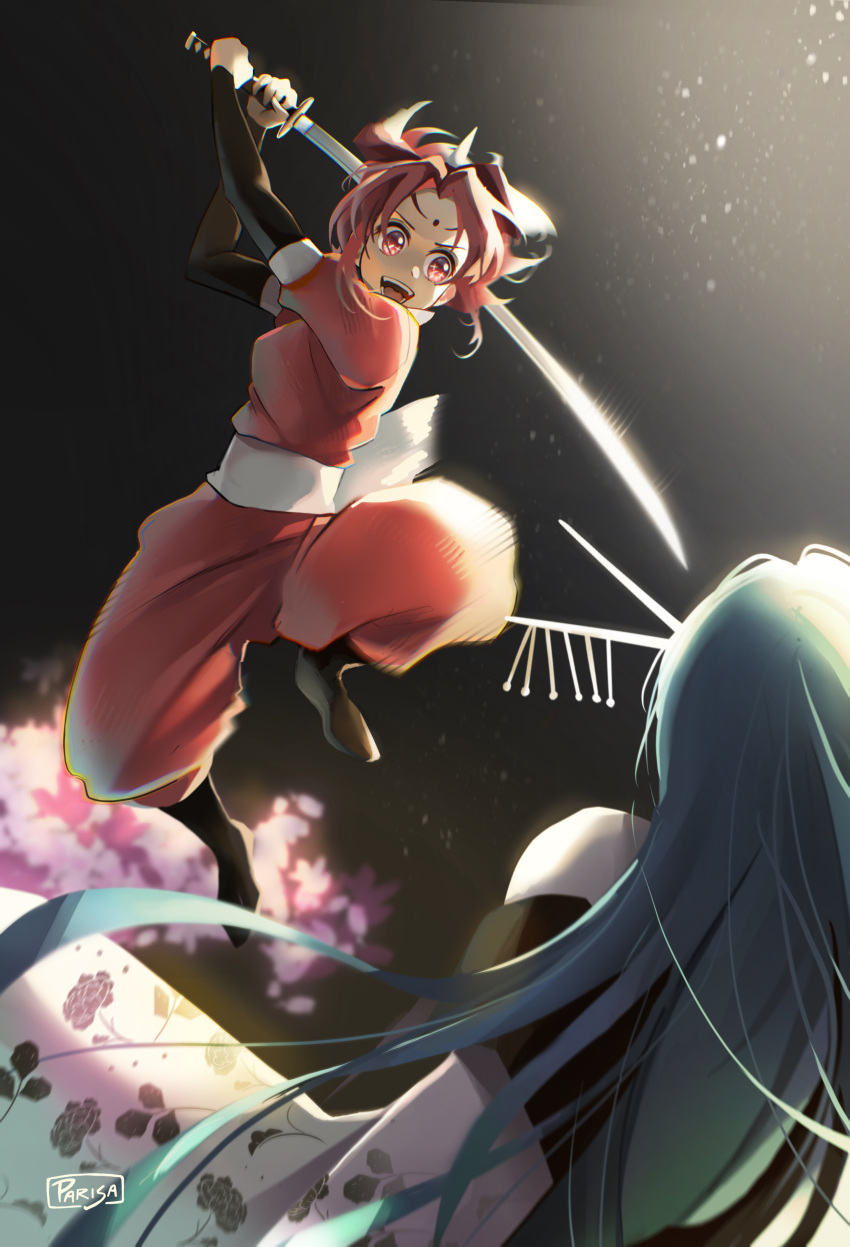 2girls, absurdres, arima_kana, arm_warmers, artist_name, attack, black_background, black_footwear, blue_hair, cherry_blossoms, commentary, cosplay, english_commentary, facial_mark, forehead_mark, hair_ornament, happy, highres, holding, holding_sword, holding_weapon, horns, japanese_clothes, jumping, kimono, kurokawa_akane, light_particles, long_hair, looking_at_another, motion_blur, multiple_girls, open_mouth, oshi_no_ko, pants, parisa_reaz, red_eyes, red_pants, redhead, sayahime_(tokyo_blade), sayahime_(tokyo_blade)_(cosplay), short_hair, single_horn, smile, sword, tokyo_blade_(oshi_no_ko), tsurugi_(tokyo_blade), tsurugi_(tokyo_blade)_(cosplay), weapon