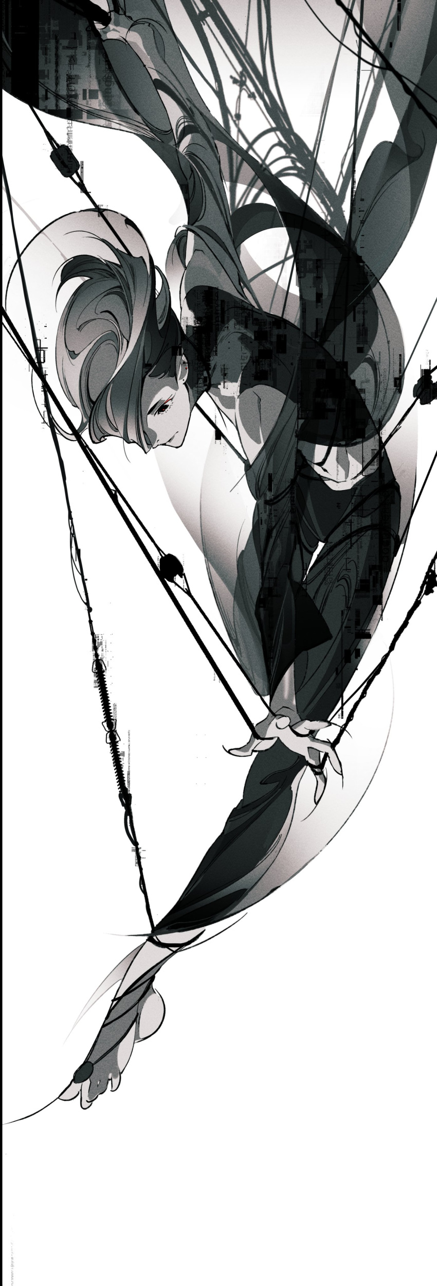1boy, absurdres, acrobatics, asymmetrical_bangs, barefoot, black_pants, closed_mouth, detached_sleeves