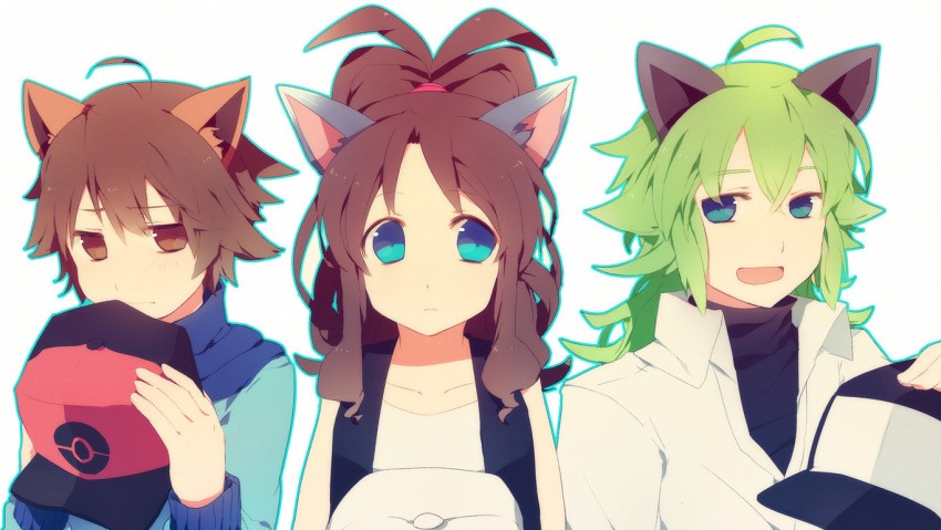 animal_ears, antenna_hair, bad_id, blue_eyes, brown_eyes, brown_hair, cat_ears, green_eyes