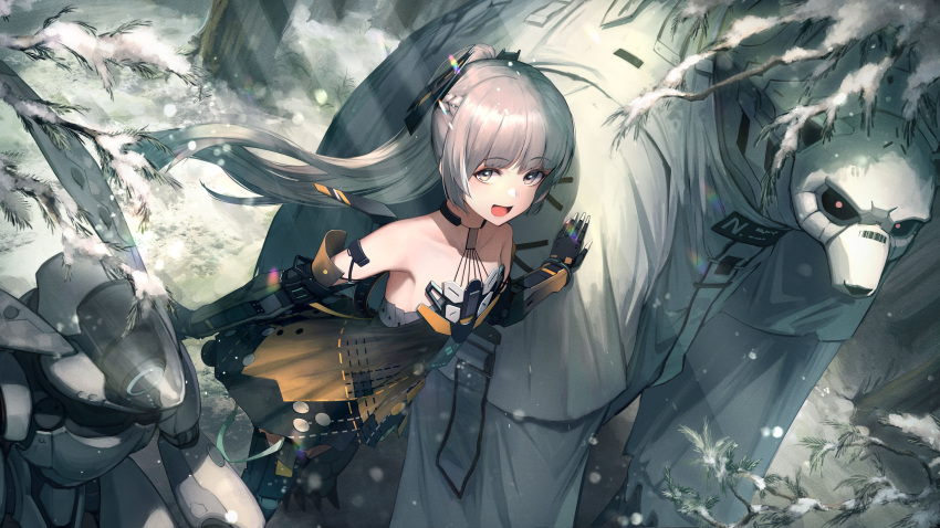 1girl, 2others, absurdres, bare_shoulders, black_dress, dress, flat_chest, grey_hair, hand_on_another's_shoulder, happy, highres, itaco, long_hair, martin_(punishing:_gray_raven), mechanical_arms, mechanical_legs, multiple_others, nanami:_pulse_(punishing:_gray_raven), nanami_(punishing:_gray_raven), non-humanoid_robot, open_mouth, orange_dress, ponytail, punishing:_gray_raven, robot, robot_animal, sidelocks, solo, yellow_eyes