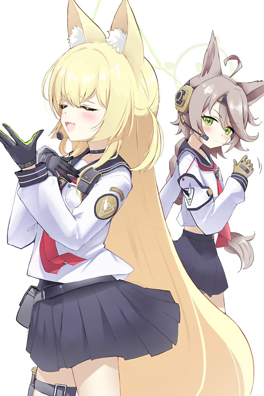 2girls, absurdres, animal_ears, blonde_hair, blue_archive, brown_hair, closed_eyes, fox_ears