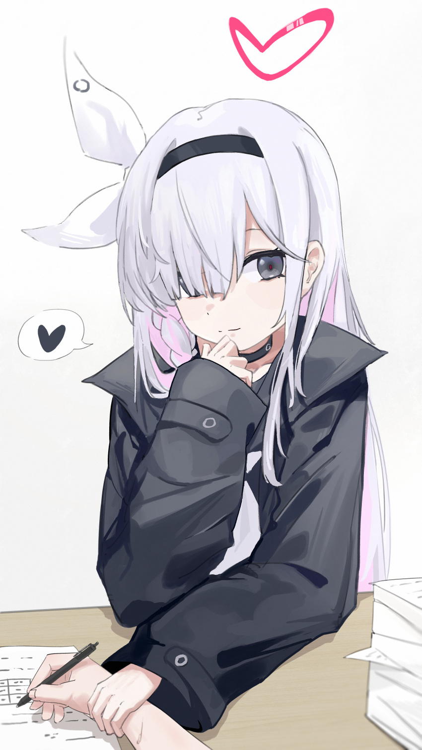1girl, 1other, absurdres, black_choker, black_coat, black_eyes, black_hairband, black_serafuku
