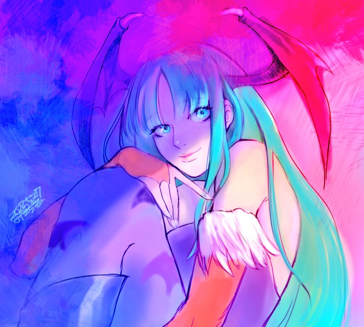 1girl, bat_wings, boots, green_eyes, green_hair, hand_on_knees, long_hair, looking_at_viewer, misodiru, morrigan_aensland, pink_background, smile, vampire_(game), wings