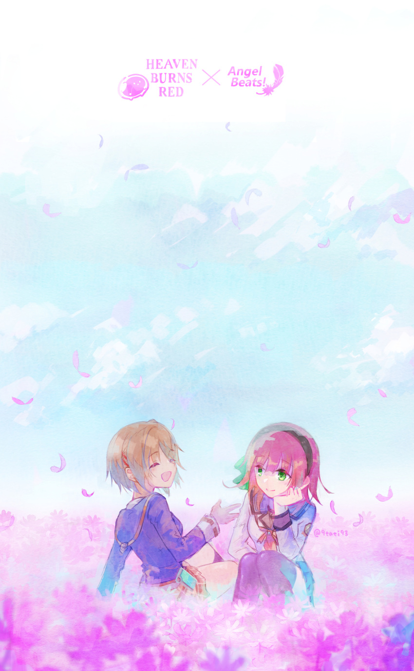 2girls, :d, absurdres, angel_beats!, black_hairband, black_jacket, black_thighhighs, blue_sailor_collar