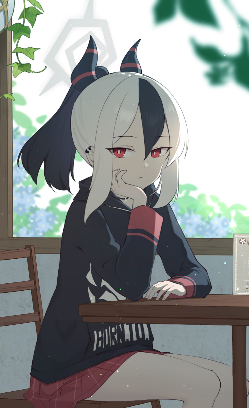 1girl, black_hair, blue_archive, closed_mouth, demon_girl, demon_horns, ear_piercing, hair_between_eyes