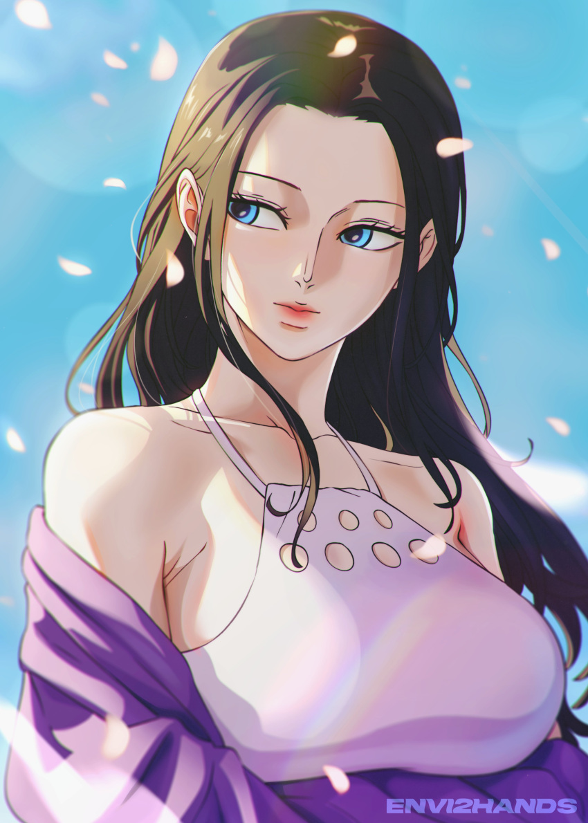 1girl, absurdres, black_hair, blue_background, blue_eyes, breasts, envi2hands, falling_petals, highres, long_hair, looking_to_the_side, nico_robin, one_piece, petals, signature, sweater
