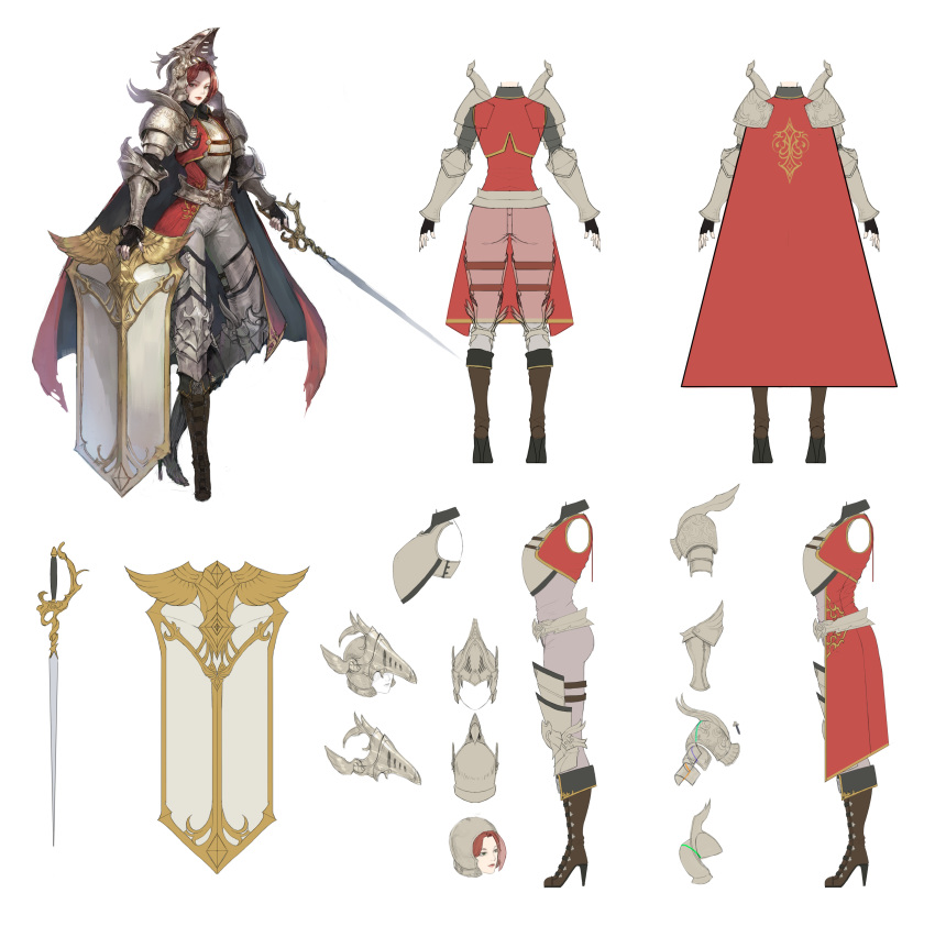 1girl, absurdres, armor, black_gloves, boots, breastplate, brown_footwear, cape