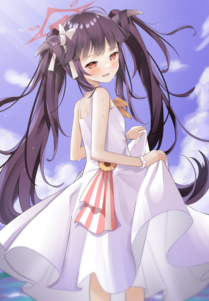 1girl, bare_arms, bare_shoulders, black_hair, black_horns, blue_archive, blush, commentary_request, demon_horns, dress, fuuka_(blue_archive), gourmet_research_society_(blue_archive), hair_on_horn, halo, highres, horn_ornament, horns, long_hair, looking_at_viewer, looking_back, mosae, open_mouth, red_eyes, red_halo, smile, sweatdrop, twintails, white_dress