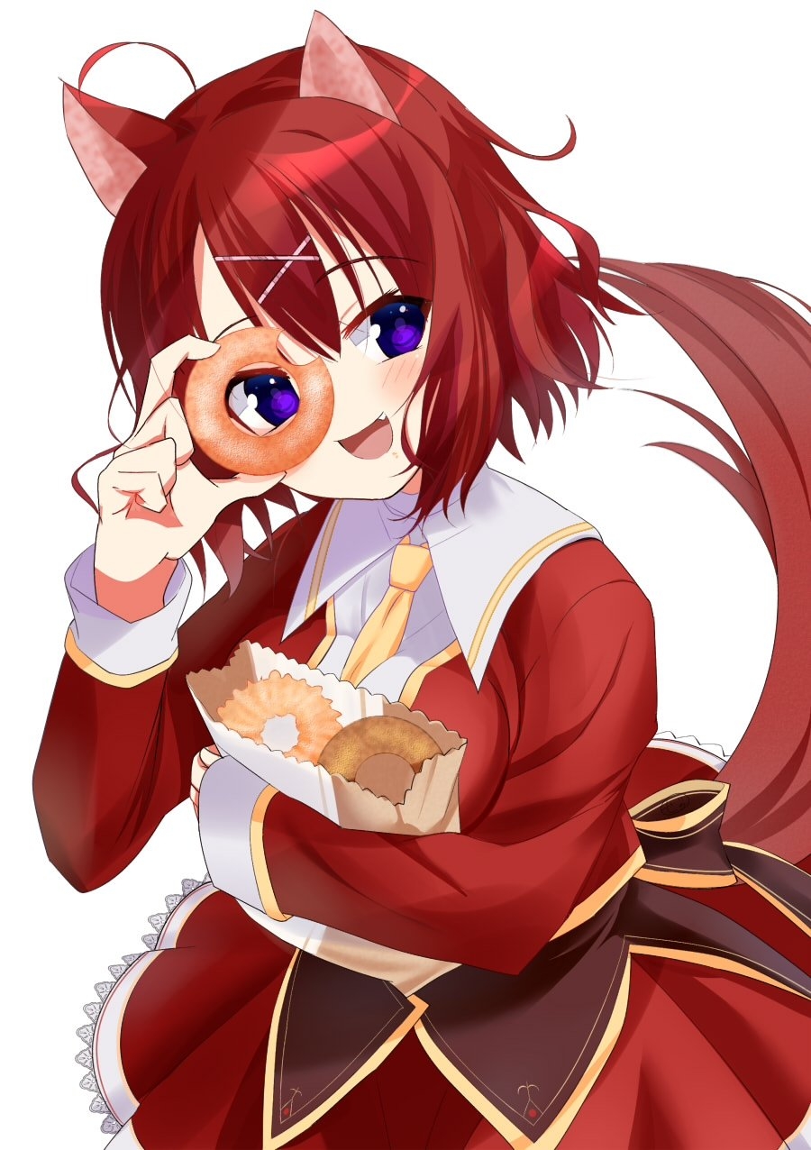 1girl, :d, ahoge, amairo_islenauts, animal_ears, bag, between_breasts, blush
