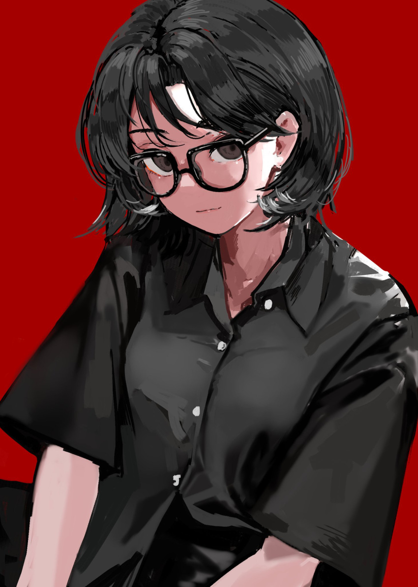 .noz, 1girl, :|, black-framed_eyewear, black_hair, black_shirt, buttons, closed_mouth, commentary, curtained_hair, expressionless, glasses, grey_eyes, hair_behind_ear, highres, limited_palette, looking_at_viewer, medium_hair, open_collar, original, parted_hair, partially_unbuttoned, red_background, semi-circular_eyewear, shirt, short_sleeves, simple_background, solo, upper_body