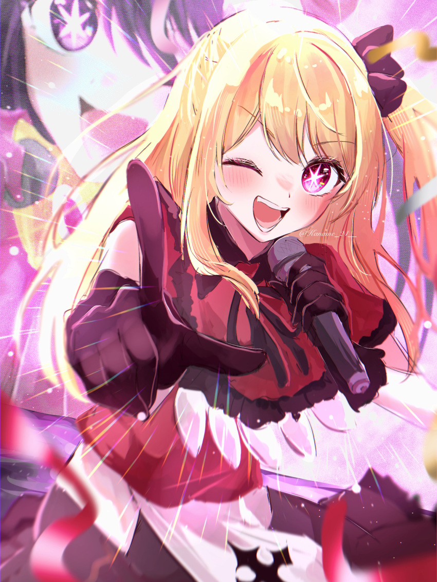 2girls, ;d, black_gloves, blonde_hair, blush, emphasis_lines, gloves, highres