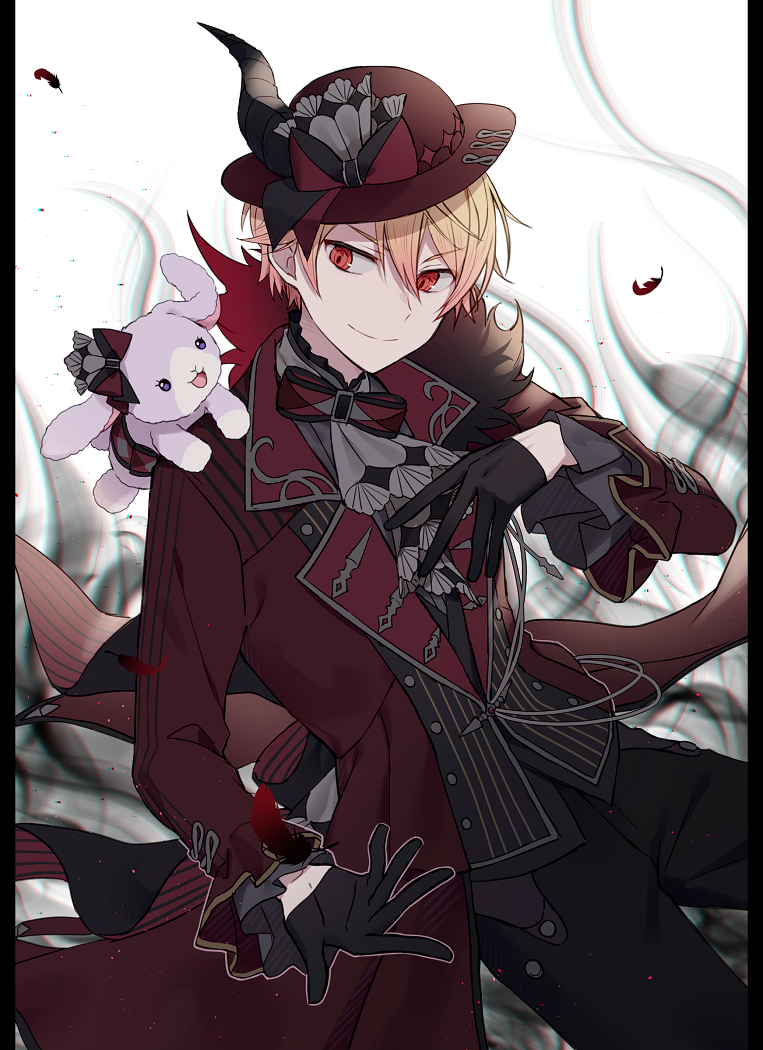 1boy, aiguillette, alternate_eye_color, animal_ears, black_bow, black_coat, black_gloves, blonde_hair, bow, buttons, closed_mouth, coat, collared_shirt, commentary, double-breasted, feathers, frilled_sleeves, frills, gloves, gradient_hair, grey_shirt, hat, hat_bow, hat_ornament, idol_clothes, lapels, long_sleeves, looking_at_viewer, looking_to_the_side, lop_rabbit_ears, male_focus, monochrome_background, multicolored_coat, multicolored_hair, notched_lapels, orange_hair, pillarboxed, pinstripe_coat, pinstripe_pattern, pinstripe_shirt, project_sekai, rabbit_ears, red_bow, red_coat, red_eyes, red_headwear, shachi_(kaisendon), shirt, short_hair, sideways_glance, smile, solo, striped, stuffed_animal, stuffed_bunny_(project_sekai), stuffed_rabbit, stuffed_toy, tailcoat, tenma_tsukasa, two-tone_bow, white_background