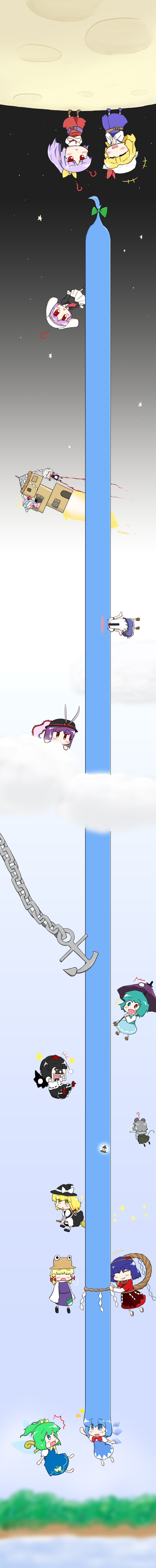 anchor, blood, chibi, cirno, cloud, clouds, daiyousei, flying